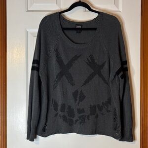Edgy Distressed Charcoal Gray Sweater with Skull Design Suicide Squad